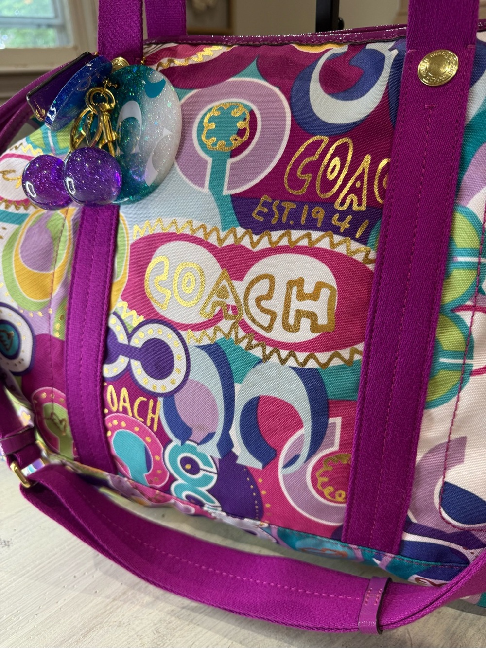 Coach Multicolor Poppy Graffiti Signature Weekend Tote with Fuchsia Straps-NWOT - Picture 3 of 16